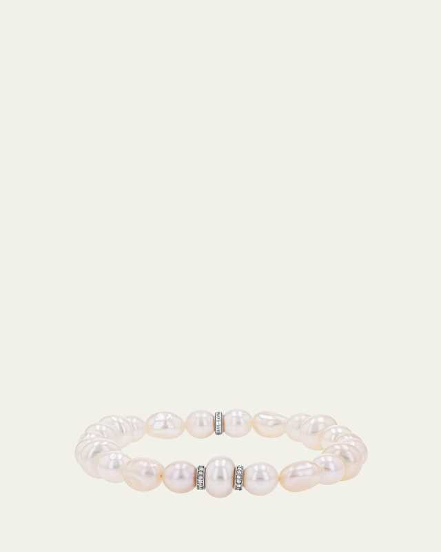 White Pearl Mixed Shape Bead Bracelet with 2 Diamond Rondelles